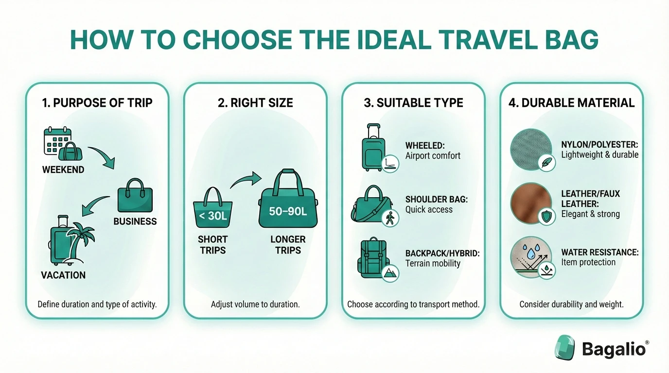 Infographic: 4 steps to choose the ideal travel bag by purpose, size, type, and material.