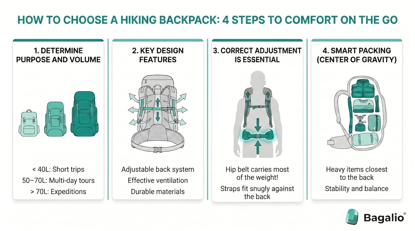 Infographic: how to choose a hiking backpack in 4 steps – capacity, build, fit and packing