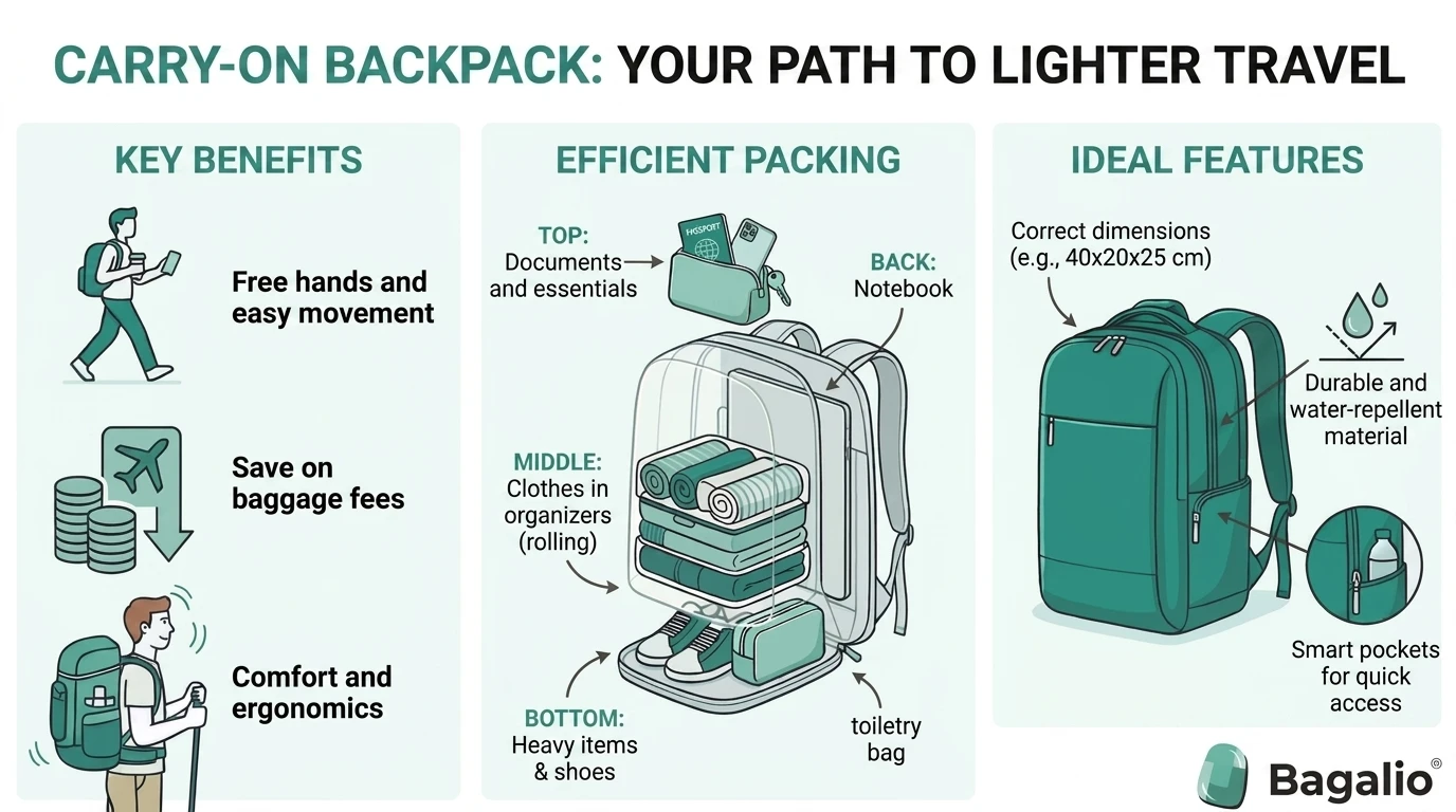 Infographic: cabin backpack as an alternative to a suitcase – benefits, packing and dimensions