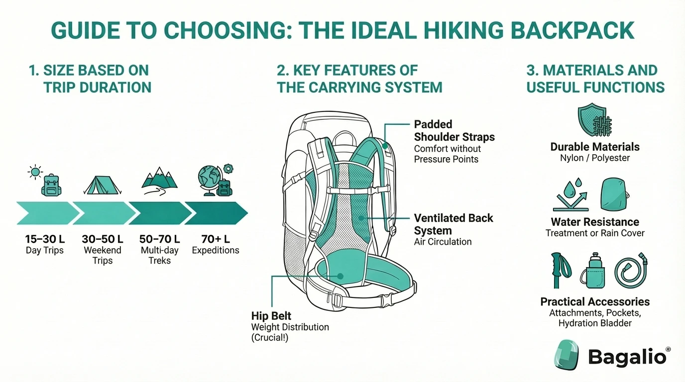 Infographic: How to choose a hiking backpack by size and features.