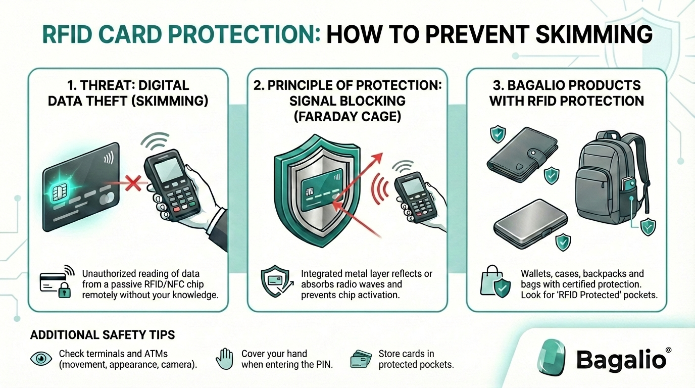 Infographic about RFID card protection and skimming prevention by Bagalio.