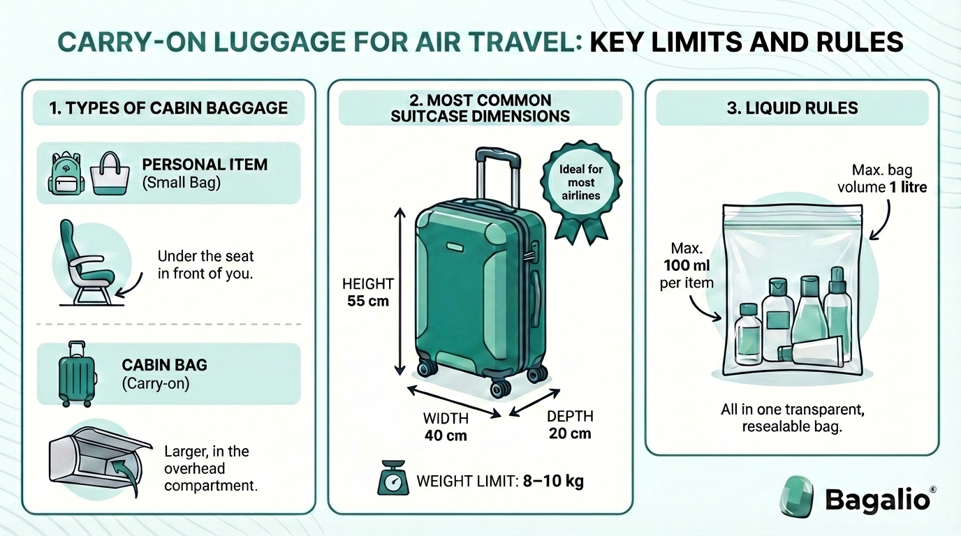 Infographic: Carry-on luggage dimensions and liquid rules for air travel.