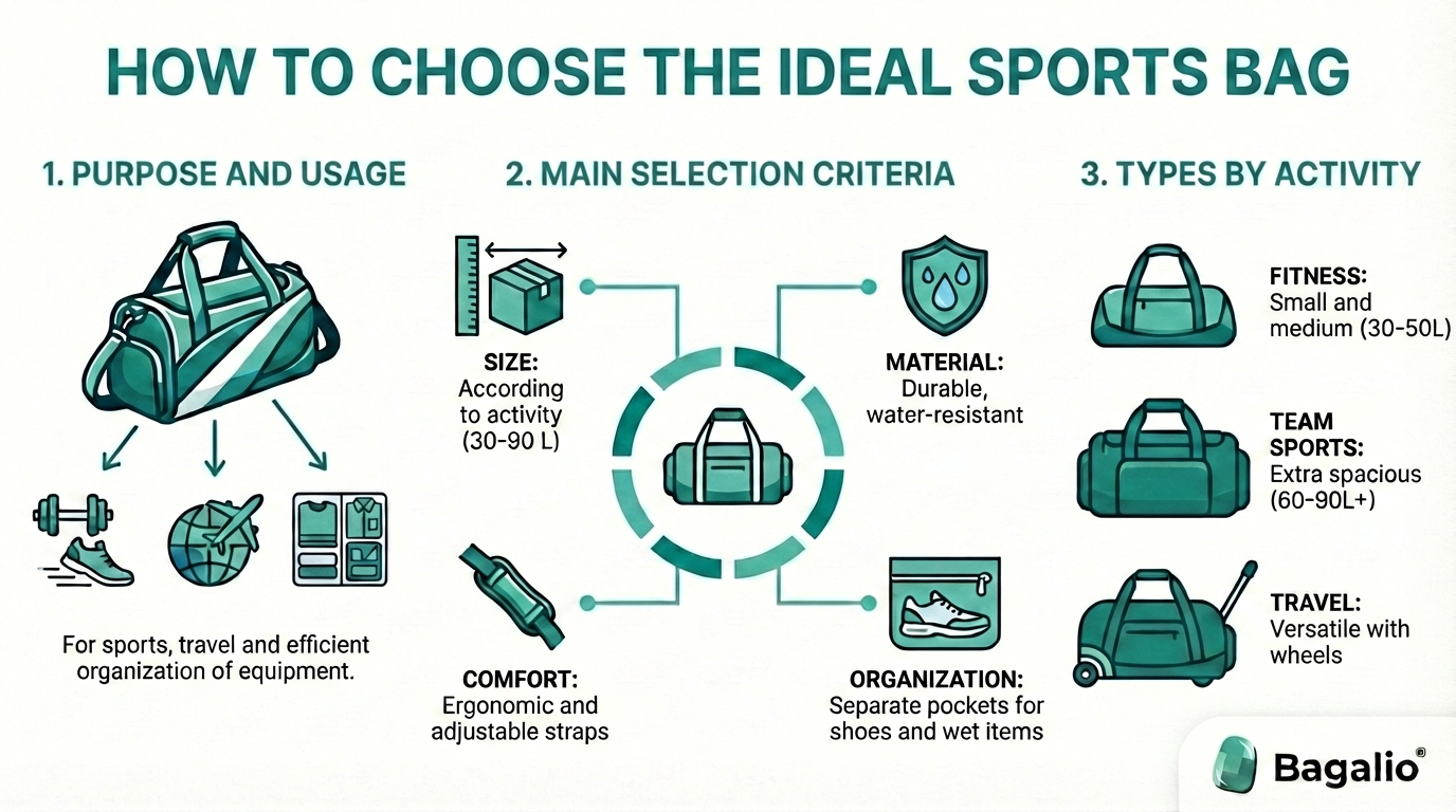 Infographic: How to choose the ideal sports bag by purpose, size, and material.